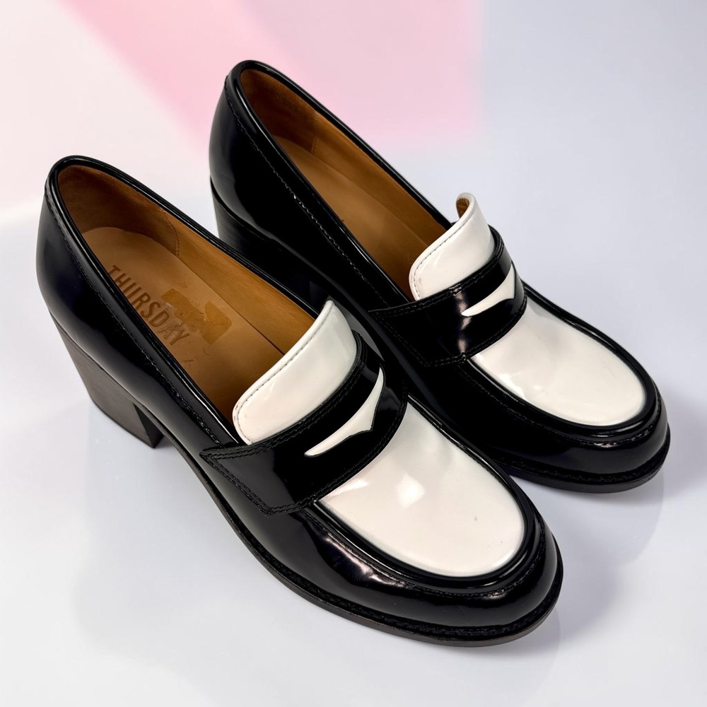 Thursday Boots High Heel Penny Loafer Black White Patent Spectator Womens 9